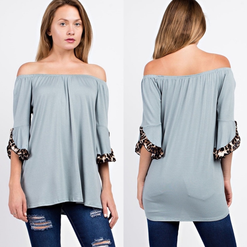 💙Gray Off or On Shoulder Tunic Top w/ Leopard - Picture 1 of 6